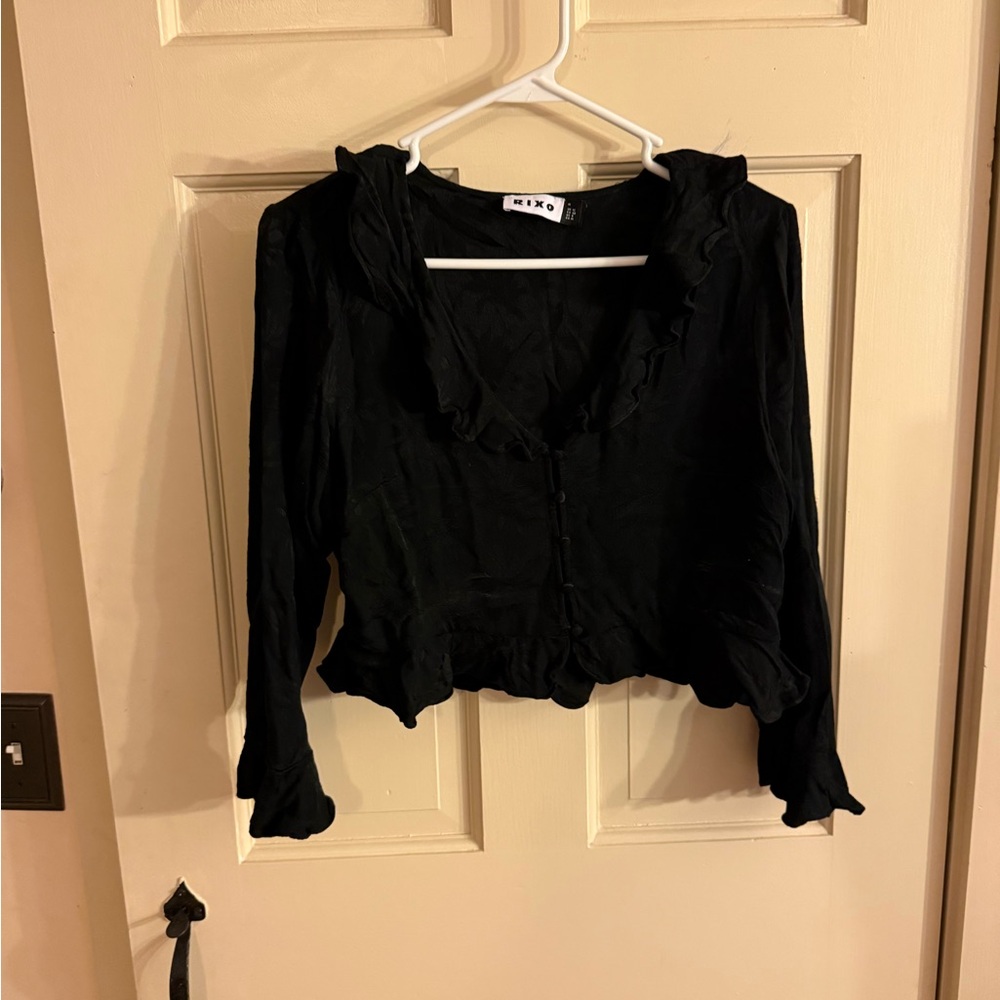 RIXO Black Ruffled Blouse